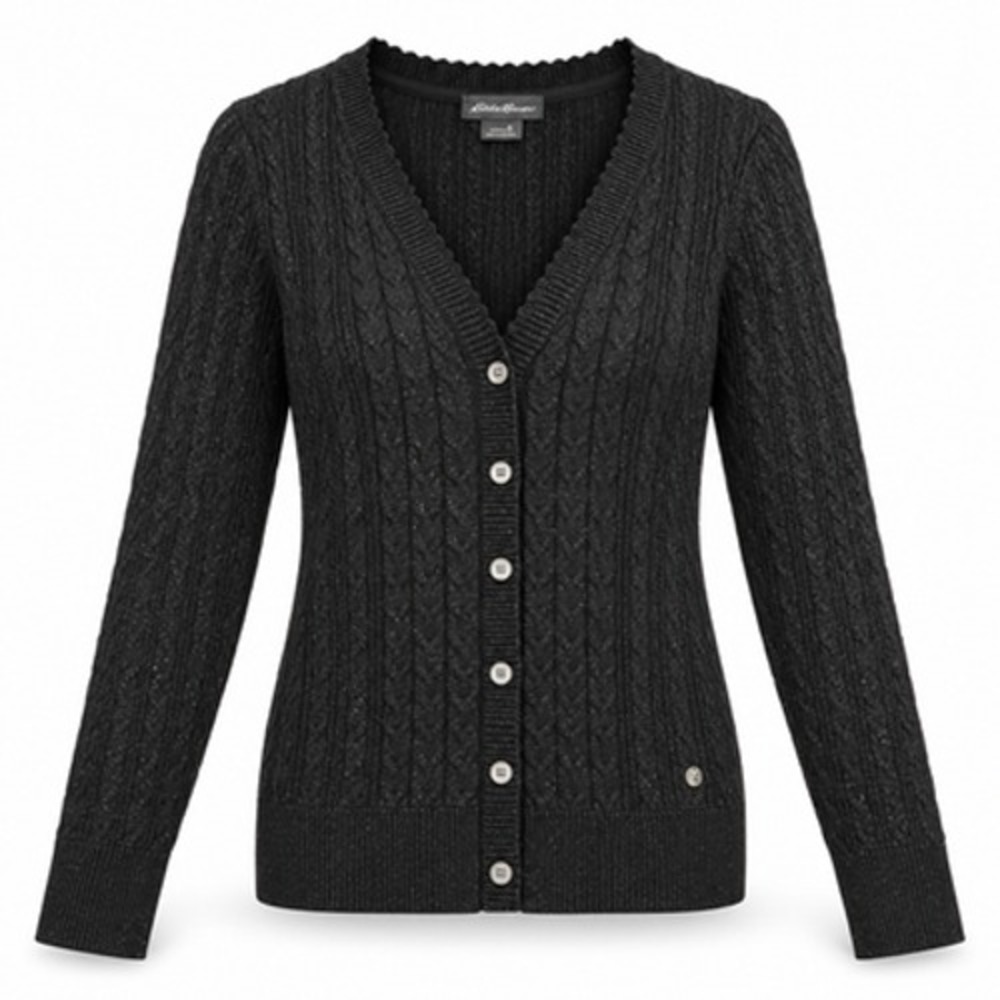 Eddie Bauer Women's Small Black Cable Knit Cardigan V Neck Metallic Shimmer